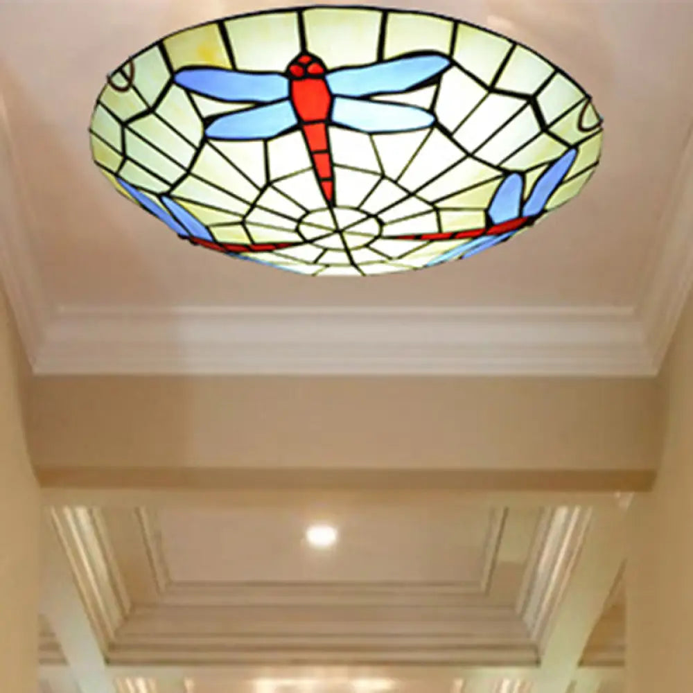 Hand - Crafted Sky Blue Dragonfly Tiffany Glass Ceiling Flush Mount Light