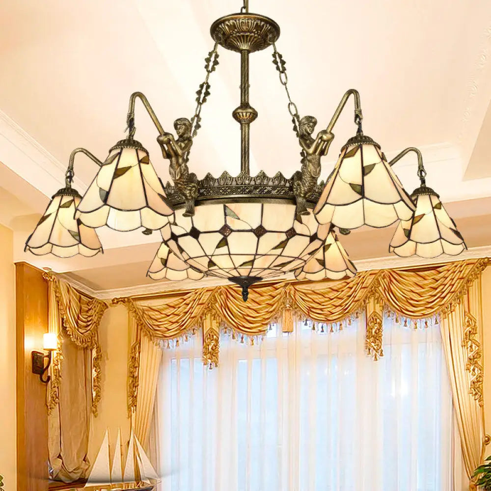 Hand Cut Glass Beige Chandelier With Scalloped Edge - Classic Pendant Light Fixture 7 /