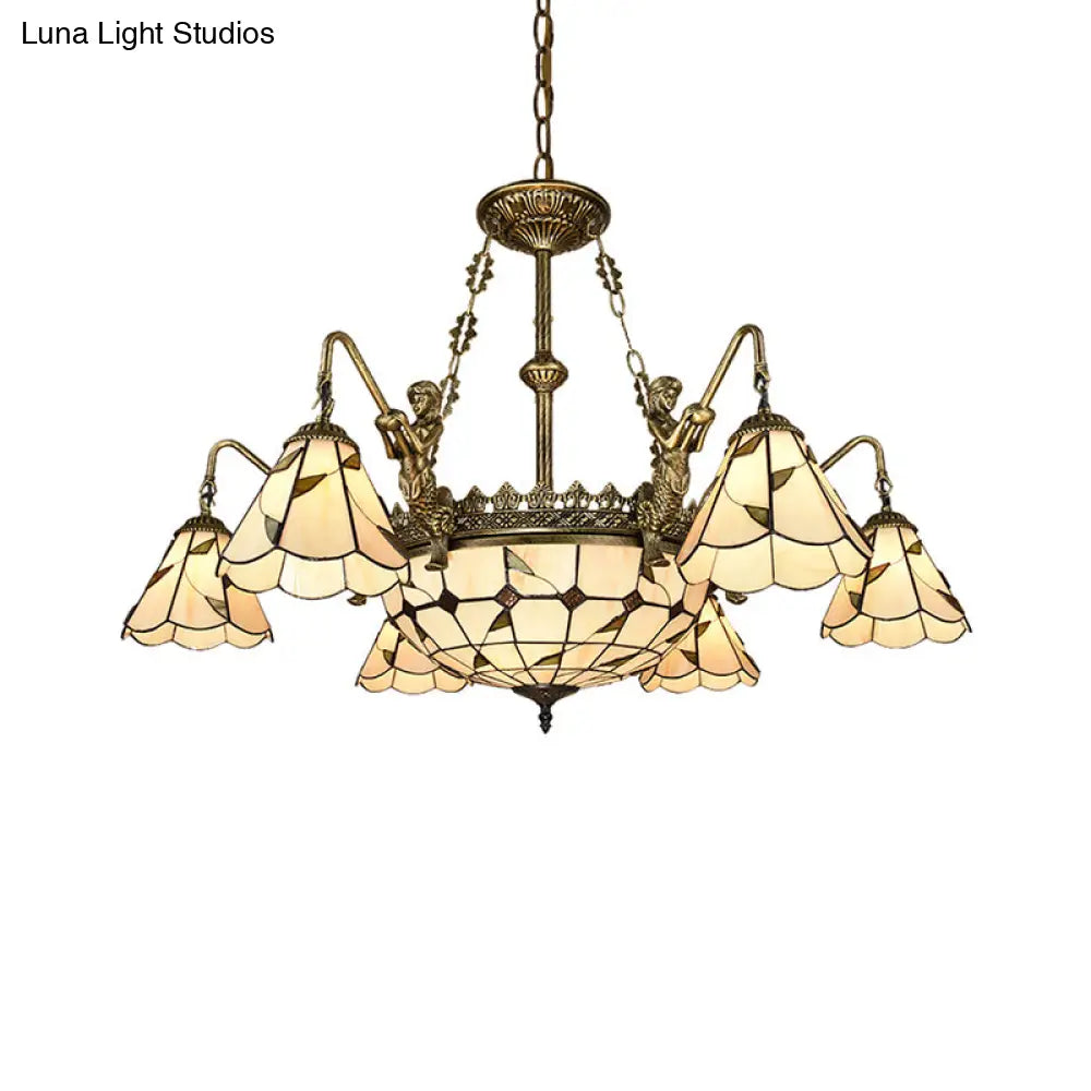 Hand Cut Glass Beige Chandelier With Scalloped Edge - Classic Pendant Light Fixture