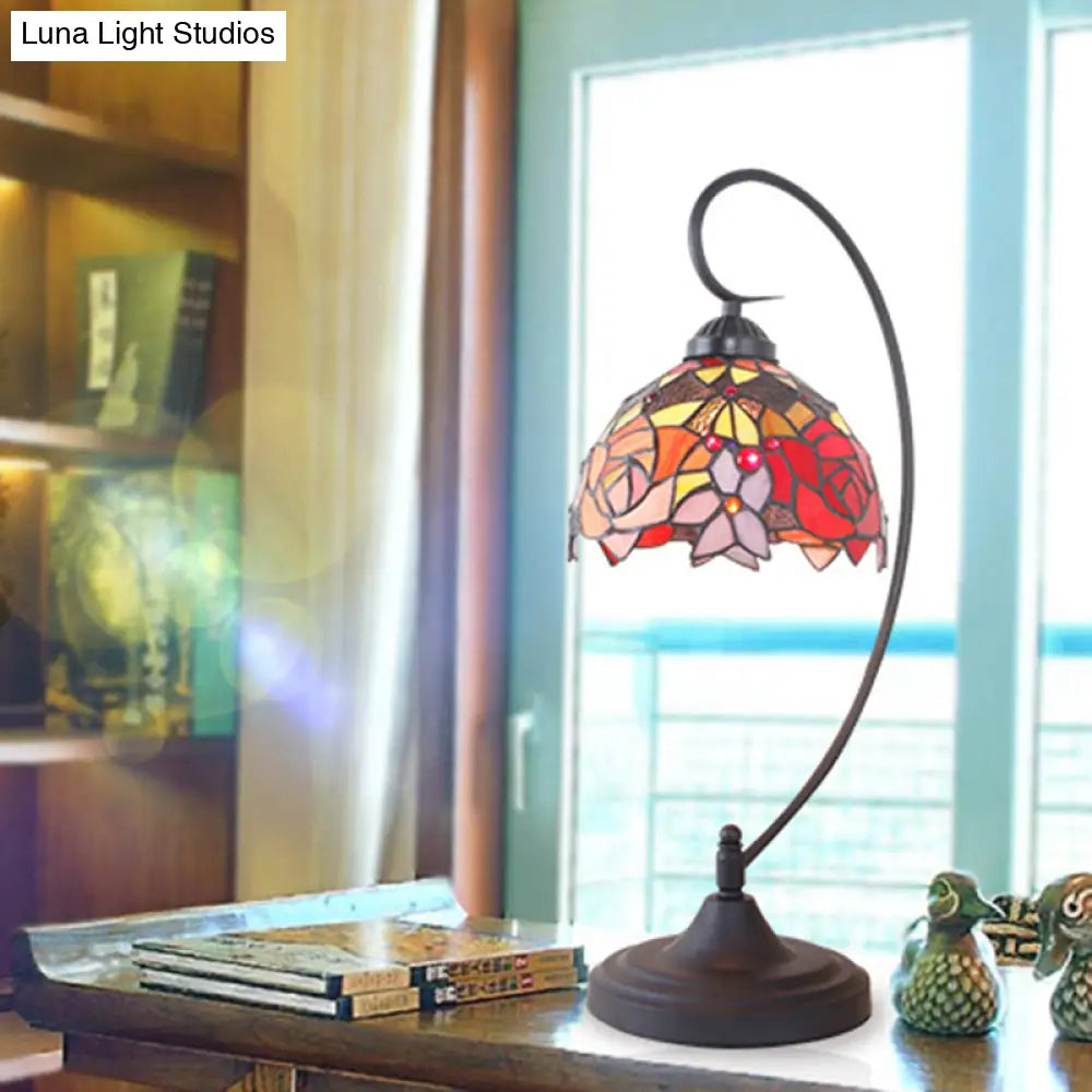 Hand-Cut Glass Domed Nightstand Lamp With Mediterranean Petal Pattern In Black