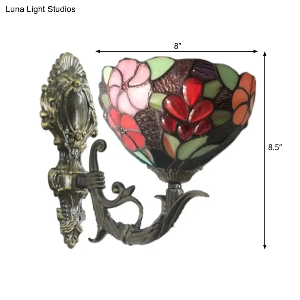 Hand-Cut Glass Floral Wall Sconce With Tiffany Bowl Design In Brass