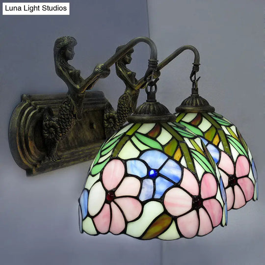 Hand-Cut Glass Floral Wall Sconce With Tiffany Bowl Design In Brass