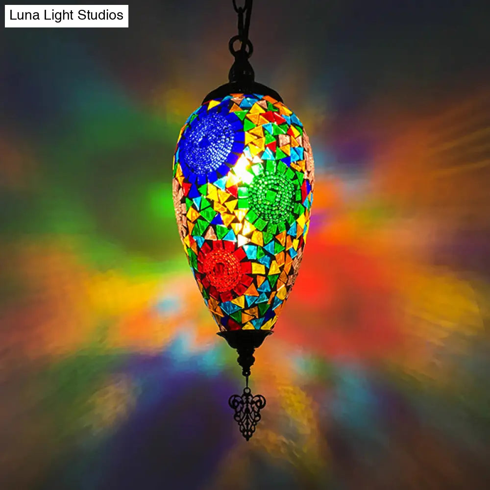 Hand-Cut Glass Pendant Lamp Kit - Traditional Urn Style (1 Head) Red/Yellow/Blue