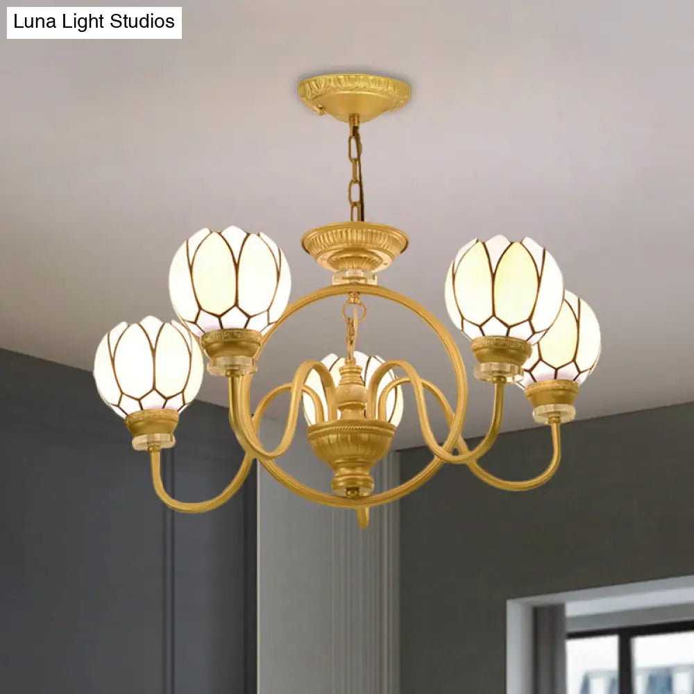 Hand-Cut Glass Shade Dining Room Chandelier With Tiffany Gold Pendant Light: 3/5 Bulbs Flower Design