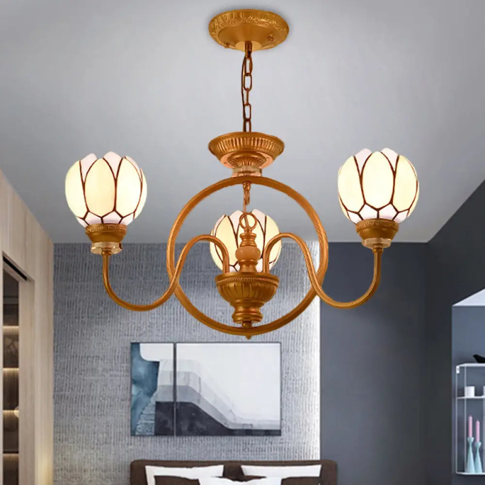 Hand-Cut Glass Shade Dining Room Chandelier With Tiffany Gold Pendant Light: 3/5 Bulbs Flower