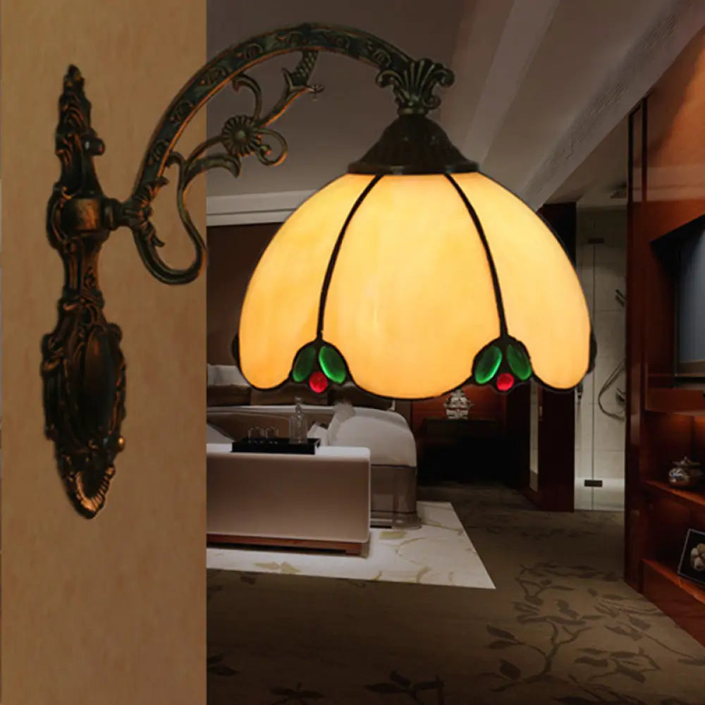 Hand-Cut Glass Tiffany Wall Lamp With Brass Mount & Scrolled Arm