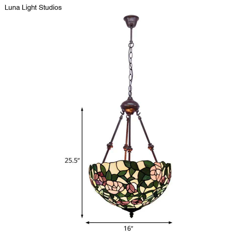 Hand Cut Glass Victorian Bowl Chandelier - 2 Lights Red/Pink/Purple Bedroom Pendant Lamp