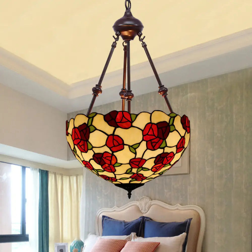 Hand Cut Glass Victorian Bowl Chandelier - 2 Lights Red/Pink/Purple Bedroom Pendant Lamp Red