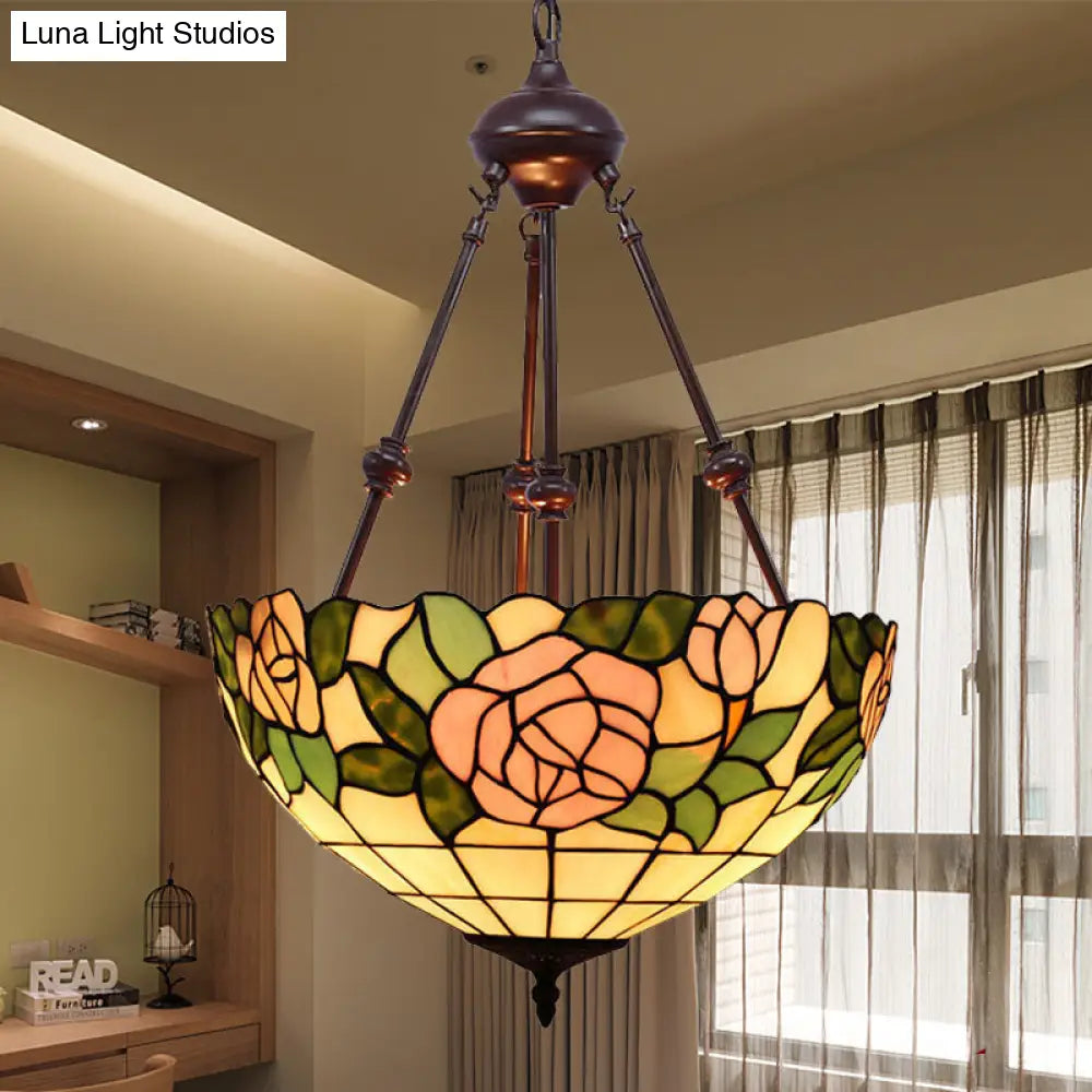 Hand Cut Glass Victorian Bowl Chandelier - 2 Lights Red/Pink/Purple Bedroom Pendant Lamp