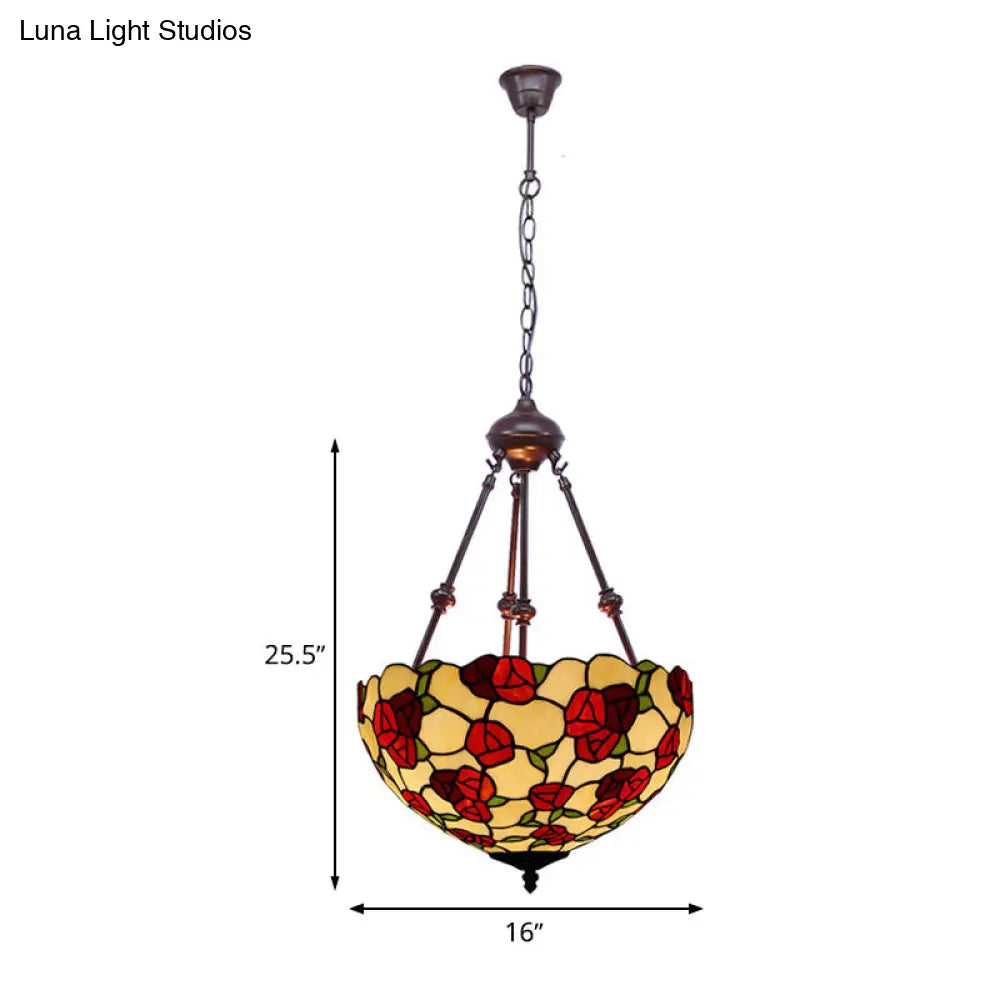 Hand Cut Glass Victorian Bowl Chandelier - 2 Lights Red/Pink/Purple Bedroom Pendant Lamp