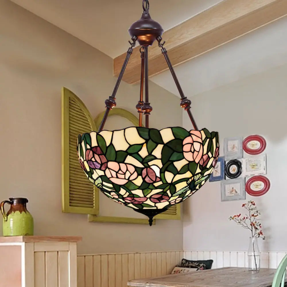 Hand Cut Glass Victorian Bowl Chandelier - 2 Lights Red/Pink/Purple Bedroom Pendant Lamp Green