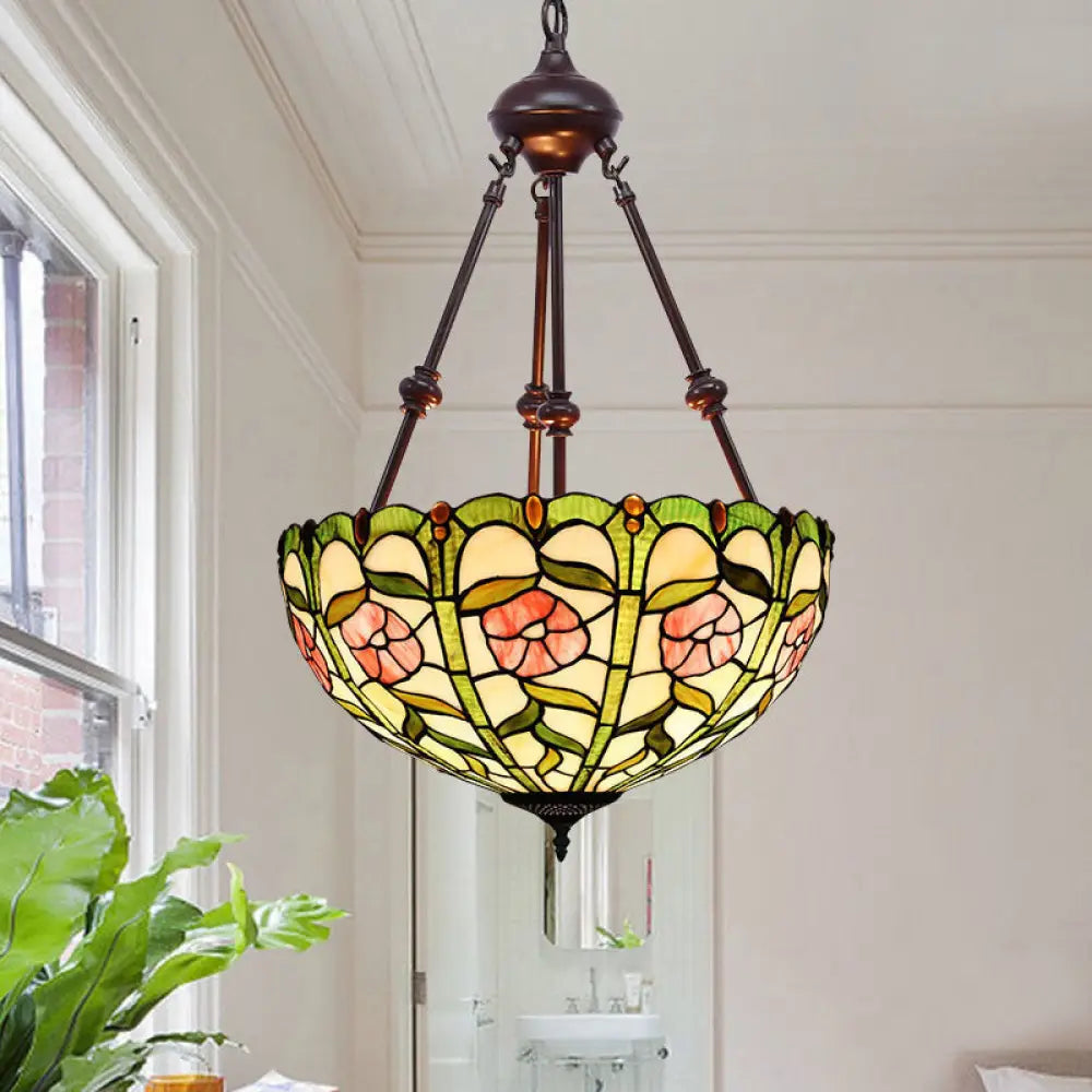 Hand Cut Glass Victorian Bowl Chandelier - 2 Lights Red/Pink/Purple Bedroom Pendant Lamp Yellow