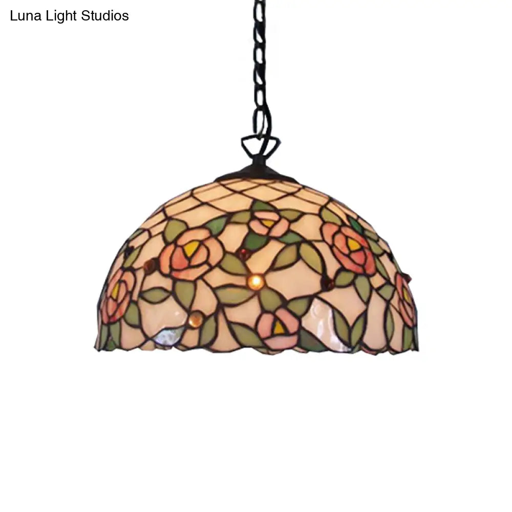 Hand Cut Pink Glass Tiffany-Style Pendant Light With Flower Pattern - Domed Suspension Design