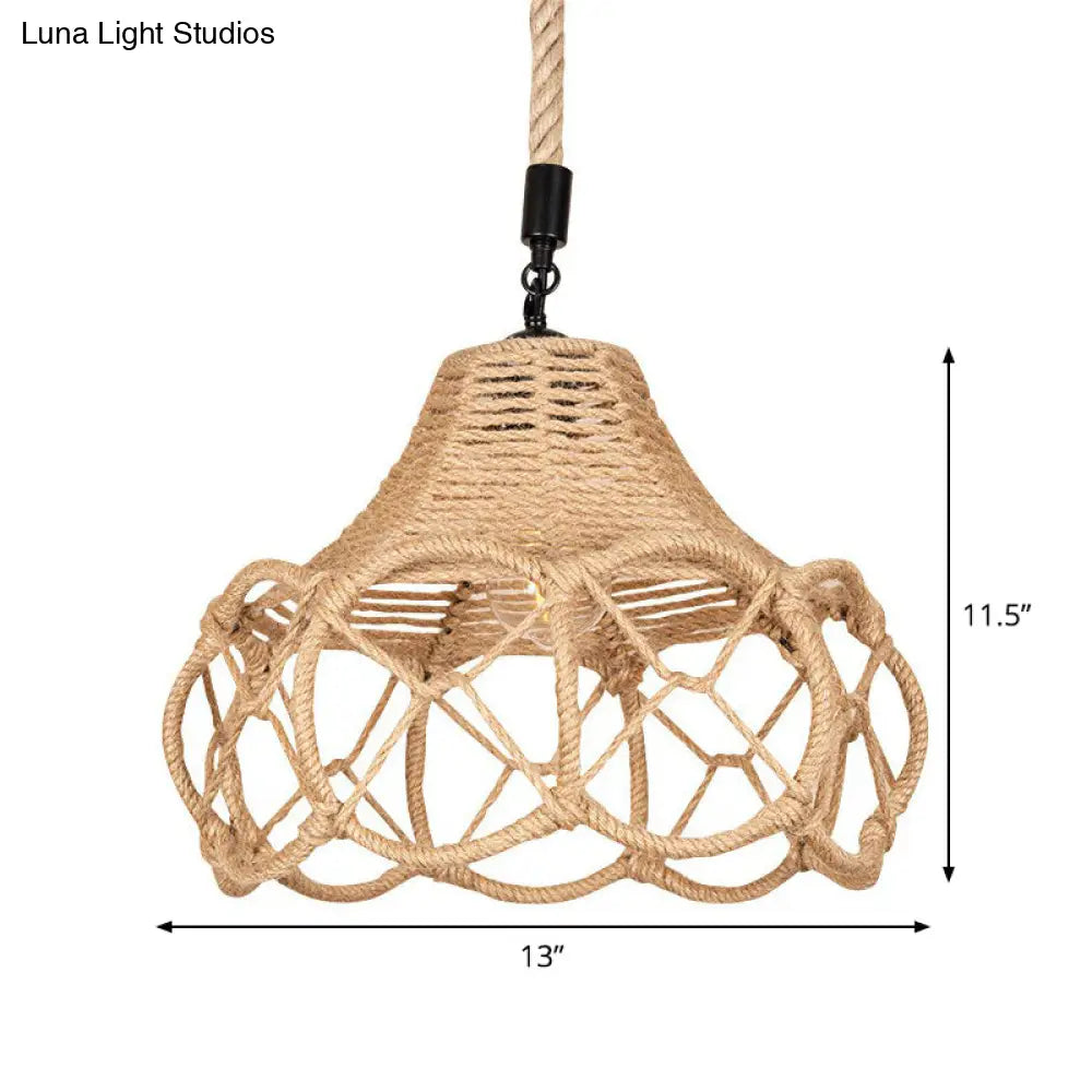 Hand-Knit Hemp Rope Floral Pendant Light - Brown Lodge Single-Bulb Fixture