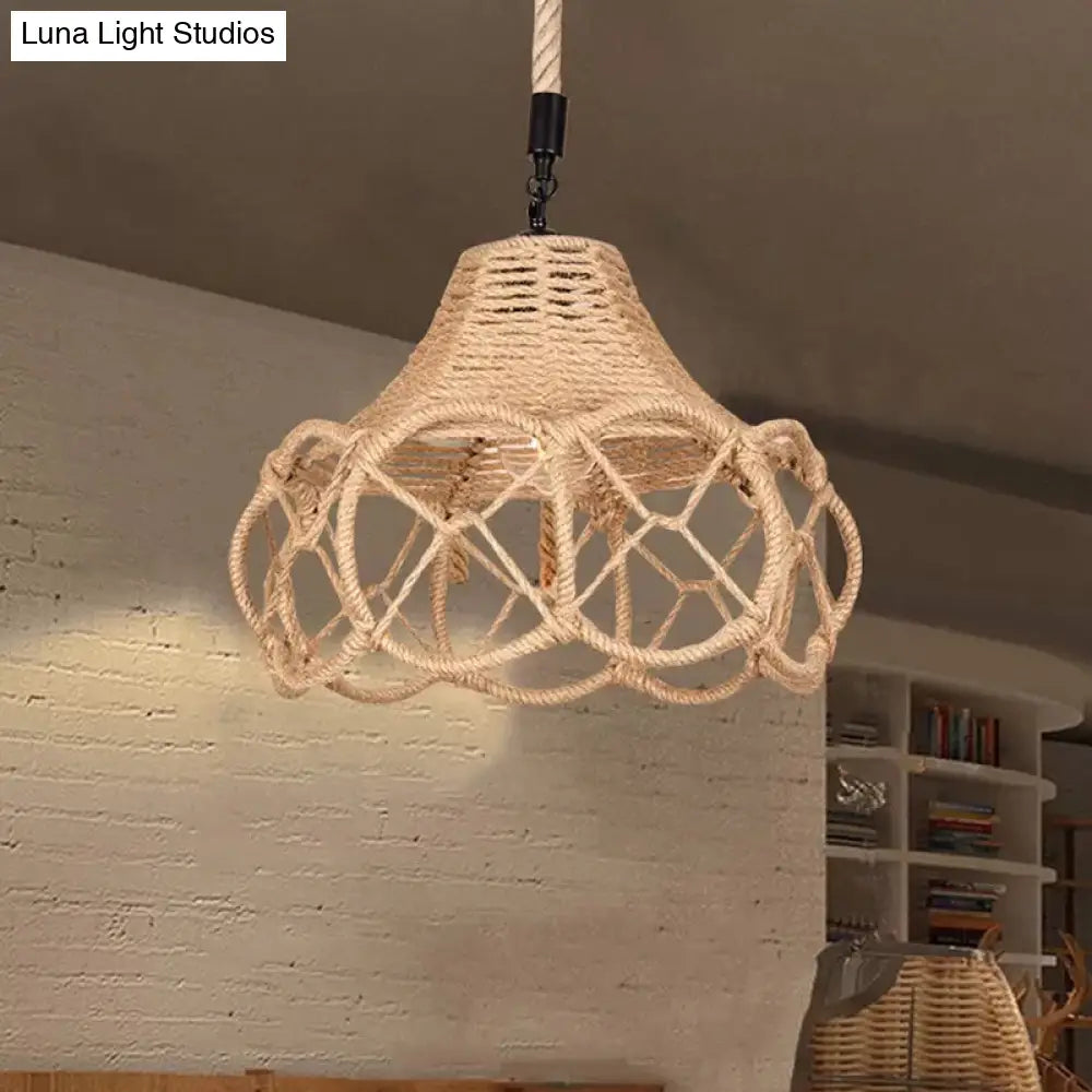 Hand-Knit Floral Pendant Light Fixture With Lodge Brown Hemp Rope