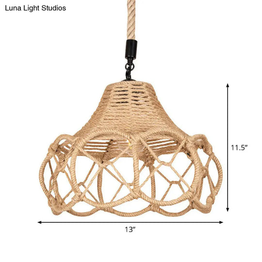 Hand-Knit Floral Pendant Light Fixture With Lodge Brown Hemp Rope