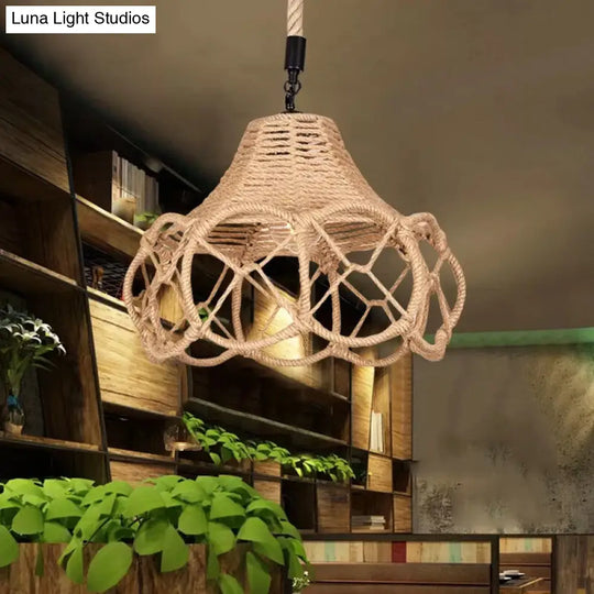 Hand-Knit Floral Pendant Light Fixture With Lodge Brown Hemp Rope