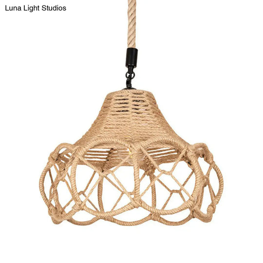 Hand-Knit Floral Pendant Light Fixture With Lodge Brown Hemp Rope