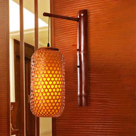 Hand-Knitted Asian Bamboo Wall Lamp: 1-Light Beige Sconce Fixture With Lantern Design For Hallway