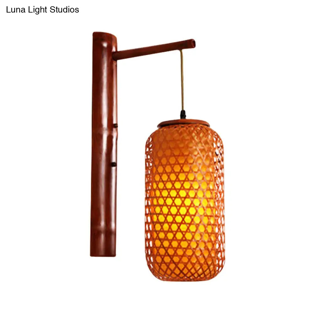 Hand-Knitted Asian Bamboo Wall Lamp: 1-Light Beige Sconce Fixture With Lantern Design For Hallway