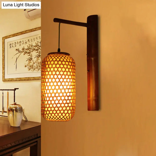 Hand-Knitted Asian Bamboo Wall Lamp: 1-Light Beige Sconce Fixture With Lantern Design For Hallway