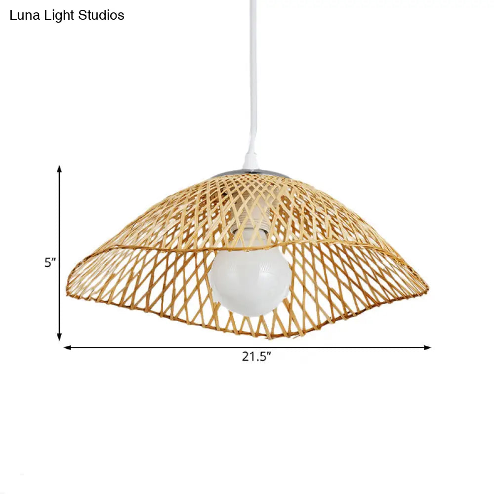 Hand-Knitted Bamboo Pendant Light - Asian Style 1 Head Beige Hanging Lamp For Living Room 14/18 W