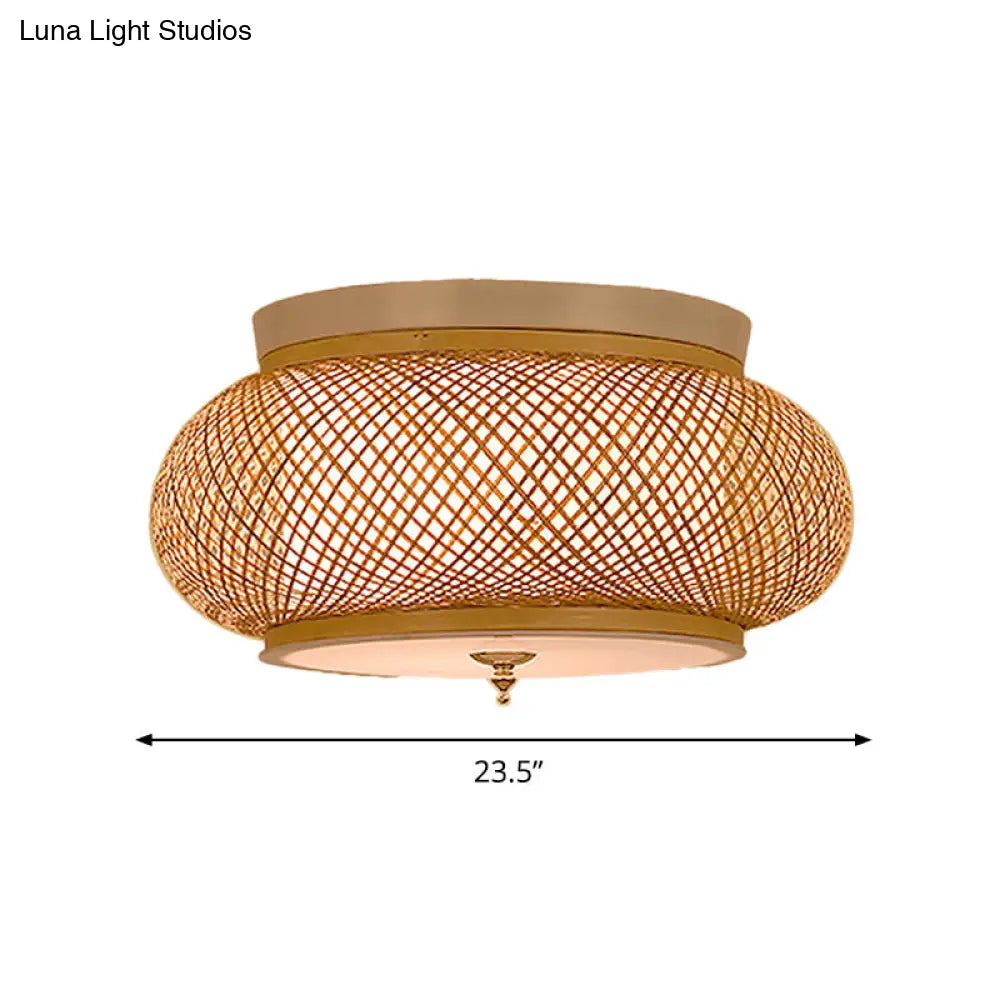 Hand-Knitted Lantern Design Asian Style Bamboo Pendant Light - 3-Light Yellow Ceiling Fixture