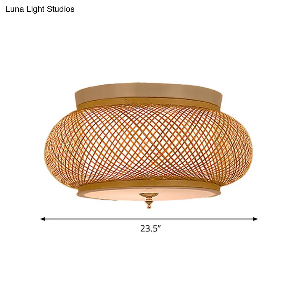 Hand - Knitted Lantern Design Asian Style Bamboo Pendant Light - 3 - Light Yellow Ceiling Fixture