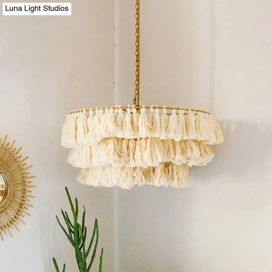 Hand-Weaved 3-Tier Fringe Girl’s Hanging Lamp: Single Beige Pendant Ceiling Light