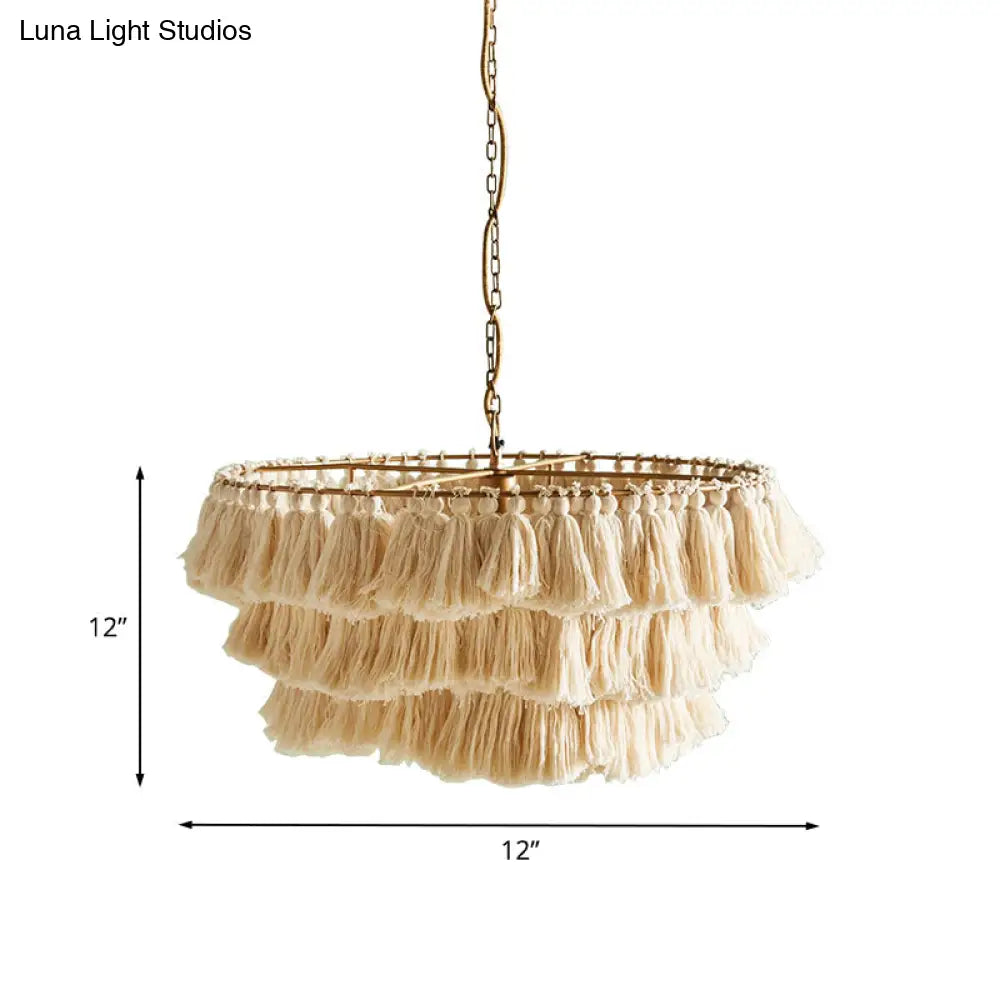 Hand-Weaved 3-Tier Fringe Girl’s Hanging Lamp: Single Beige Pendant Ceiling Light