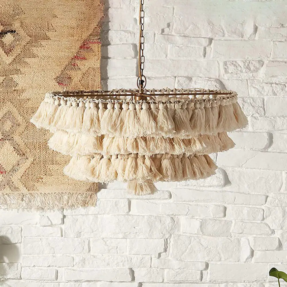 Hand-Weaved 3-Tier Fringe Girl’s Hanging Lamp: Single Beige Pendant Ceiling Light