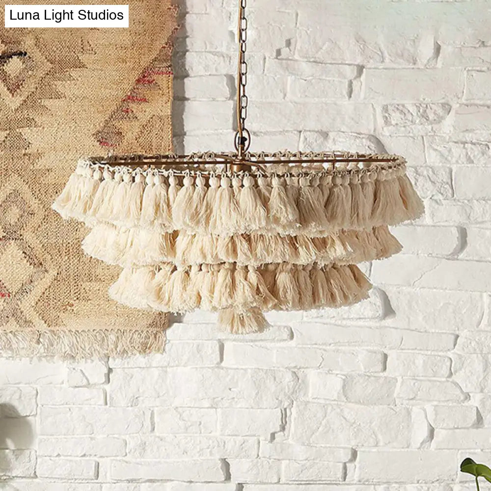 Modernist Pendant Ceiling Light With Hand-Weaved Rope 3-Tier Fringe For Girls Room In Beige