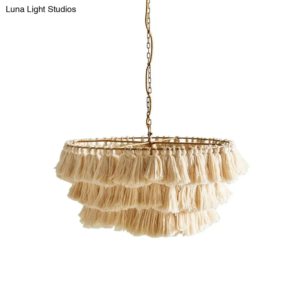 Modernist Pendant Ceiling Light With Hand-Weaved Rope 3-Tier Fringe For Girls Room In Beige