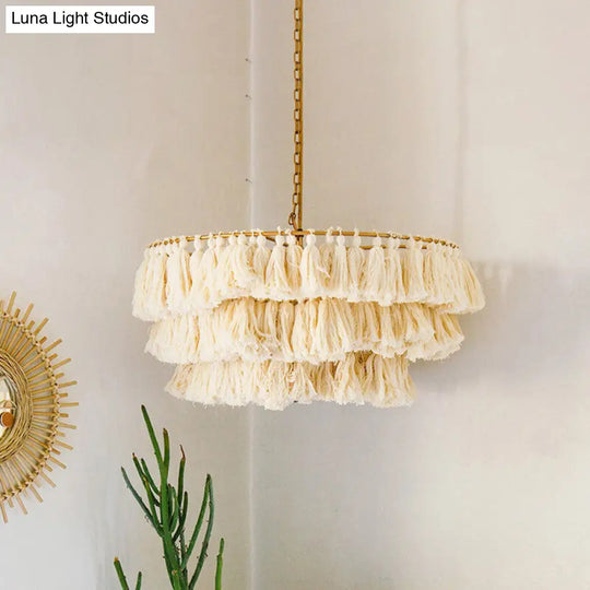 Modernist Pendant Ceiling Light With Hand-Weaved Rope 3-Tier Fringe For Girls Room In Beige