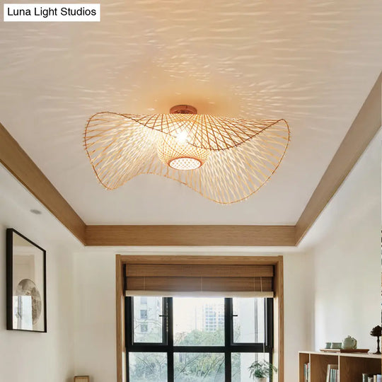 Hand-Worked Bamboo Semi-Flush Mount Light - Japanese Style 2-Bulb Close To Ceiling Lighting In Beige