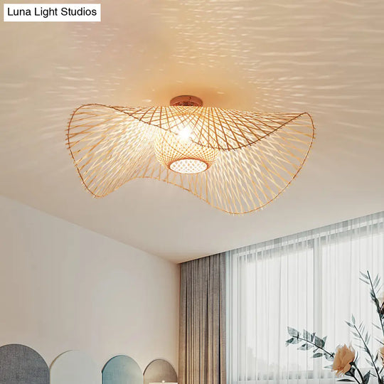 Hand-Worked Bamboo Semi-Flush Mount Light - Japanese Style 2-Bulb Close To Ceiling Lighting In Beige