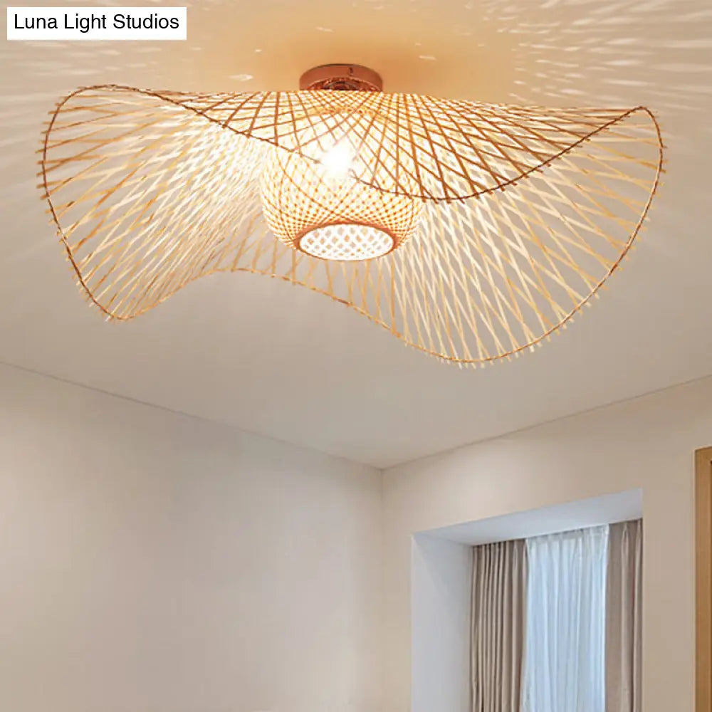 Hand-Worked Bamboo Semi-Flush Mount Light - Japanese Style 2-Bulb Close To Ceiling Lighting In Beige