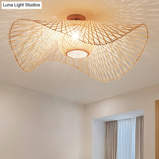 Hand-Worked Bamboo Semi-Flush Mount Light - Japanese Style 2-Bulb Close To Ceiling Lighting In Beige