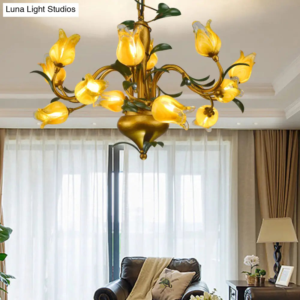 Hand-Worked Glass Tulip Chandelier: 12-Light American Flower Ceiling Light For Living Room