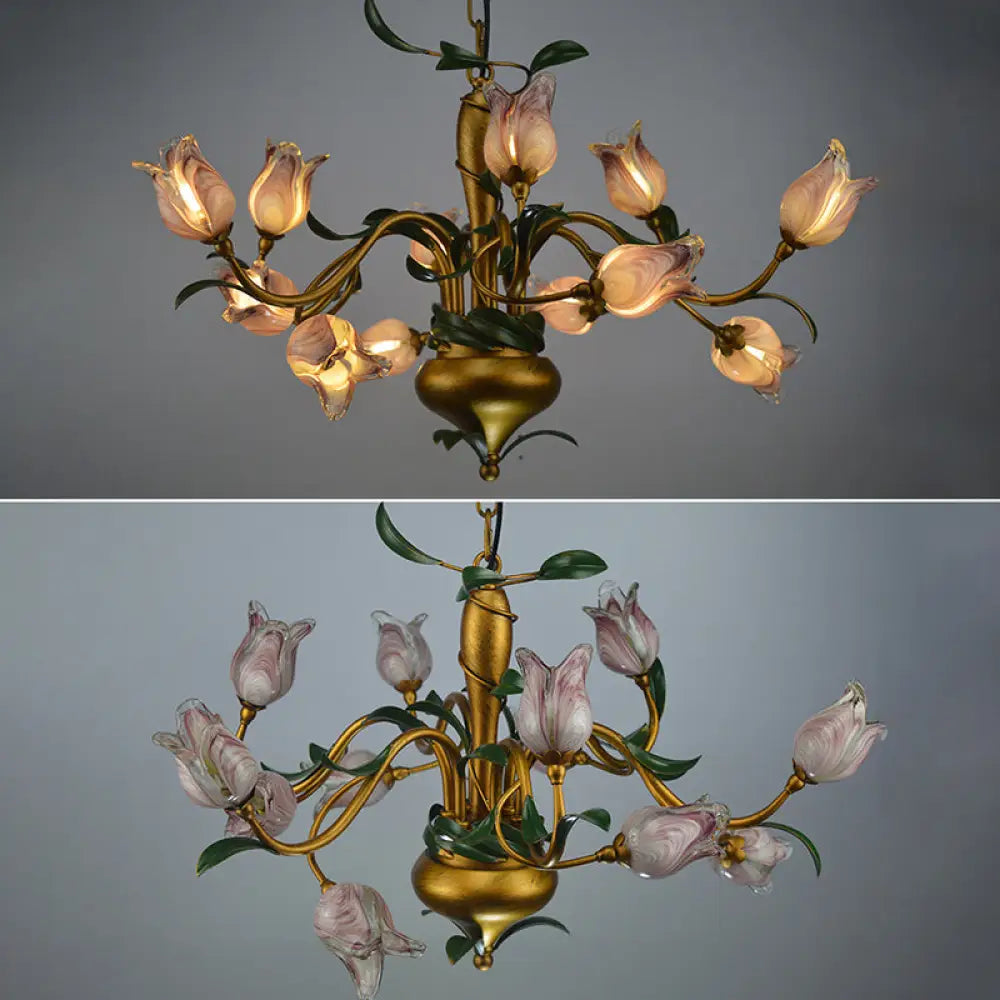 Hand-Worked Glass Tulip Chandelier: 12-Light American Flower Ceiling Light For Living Room Purple