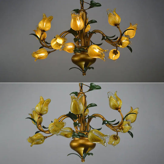 Hand-Worked Glass Tulip Chandelier: 12-Light American Flower Ceiling Light For Living Room Yellow