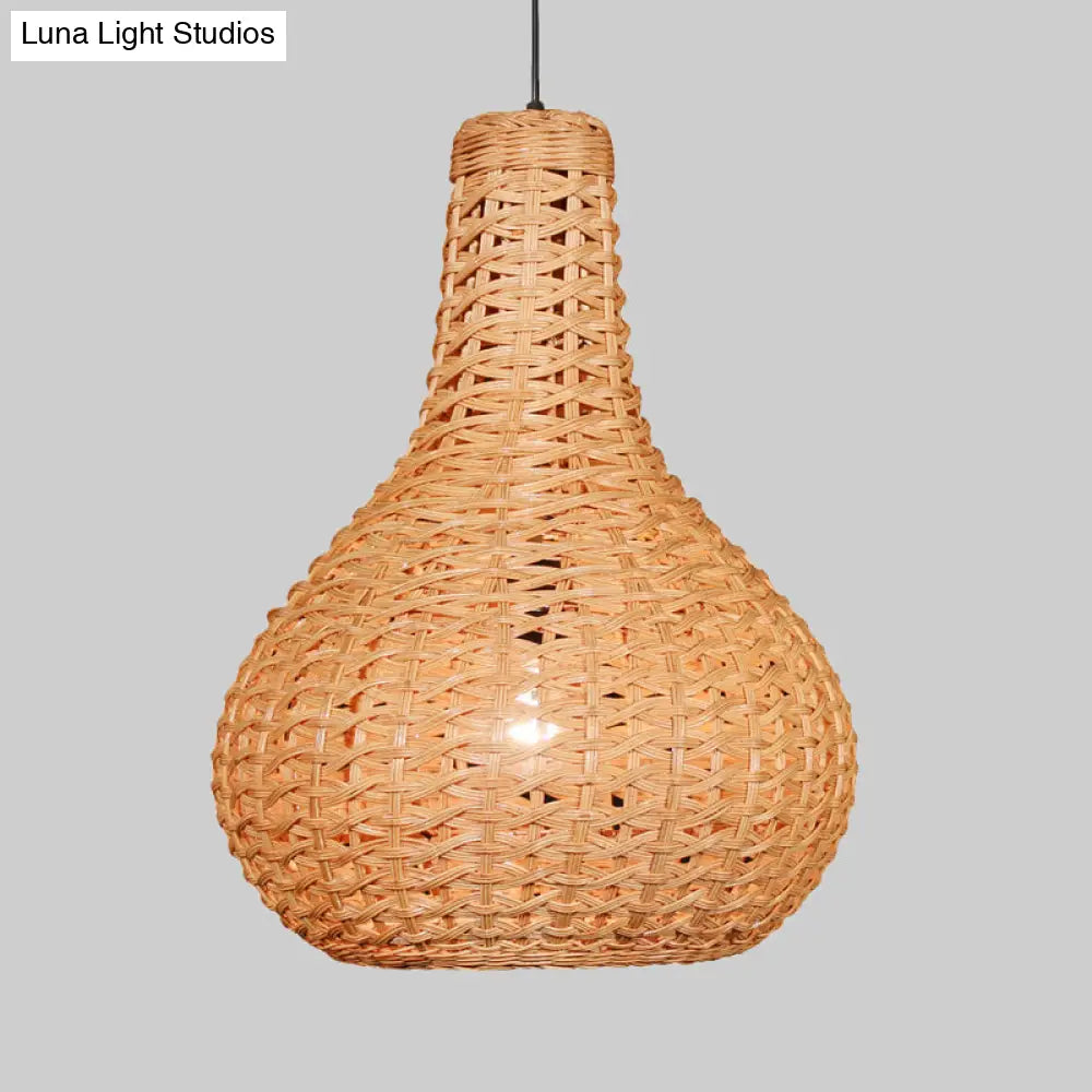 Hand-Worked Japanese Rattan Pendant Light In Beige