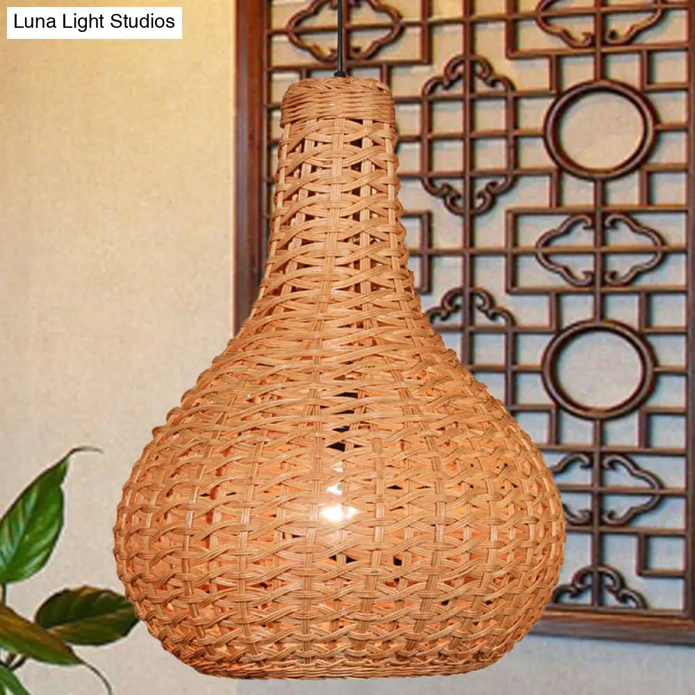 Hand-Worked Japanese Rattan Pendant Light In Beige