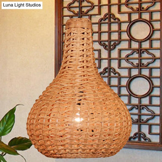 Hand-Worked Japanese Rattan Pendant Light In Beige