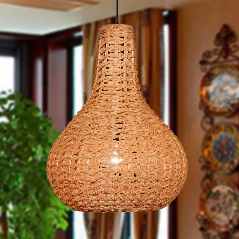 Hand-Worked Japanese Rattan Pendant Light In Beige