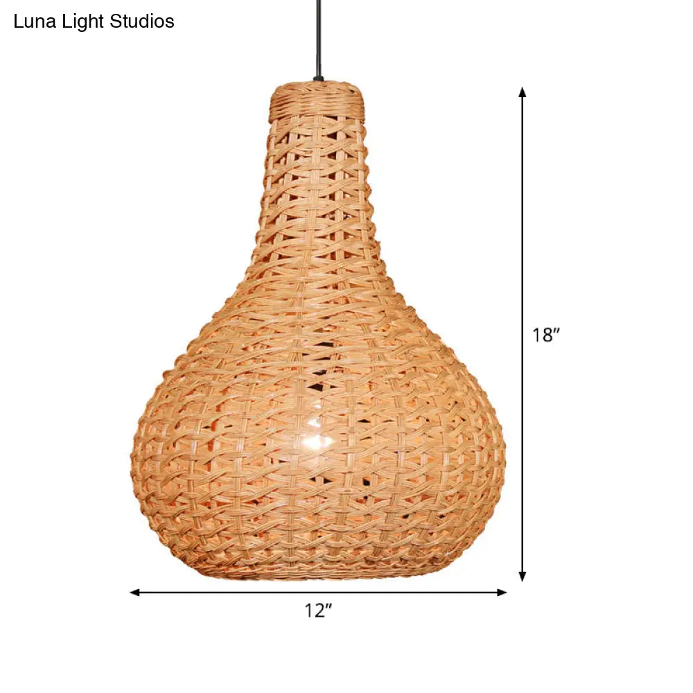 Hand-Worked Japanese Rattan Pendant Light In Beige