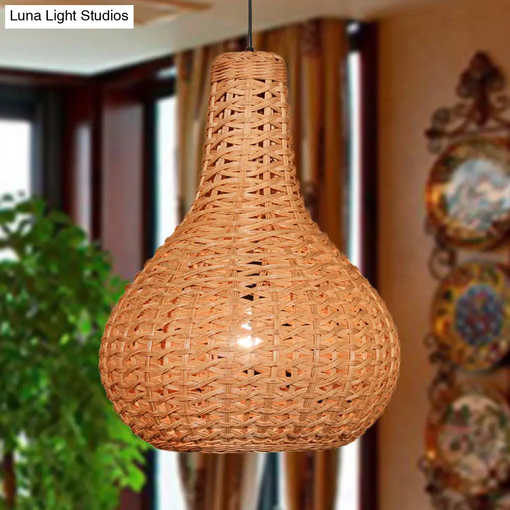 Hand-Worked Japanese Rattan Pendant Light In Beige