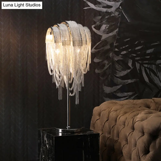 Hand-Woven Aluminum Chain Tassel Accent Lamp - 2-Light Silver Table Light For Living Room