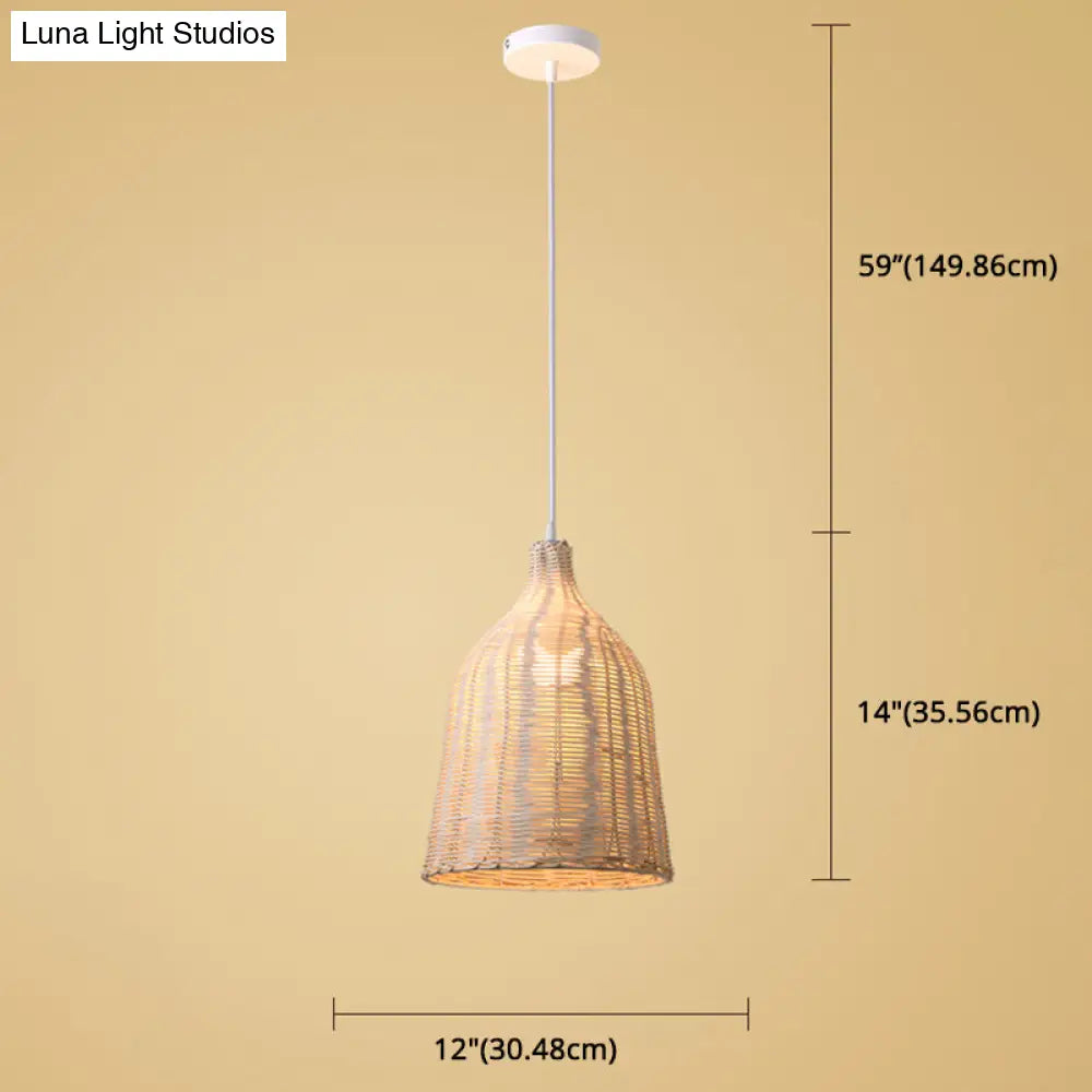 Hand-Woven Bamboo Bell-Shaped Pendant Light With Asian Rattan Shade And 59 Hanging Wire