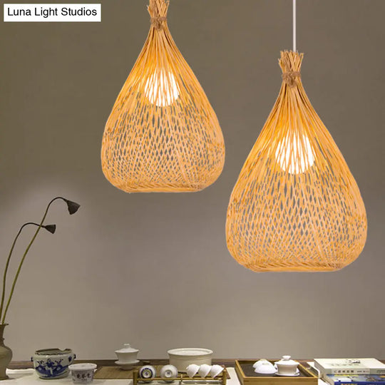 Japanese Beige Bamboo Pendant Light - Hand-Woven Teardrop Shade Single Down Lighting For Restaurants